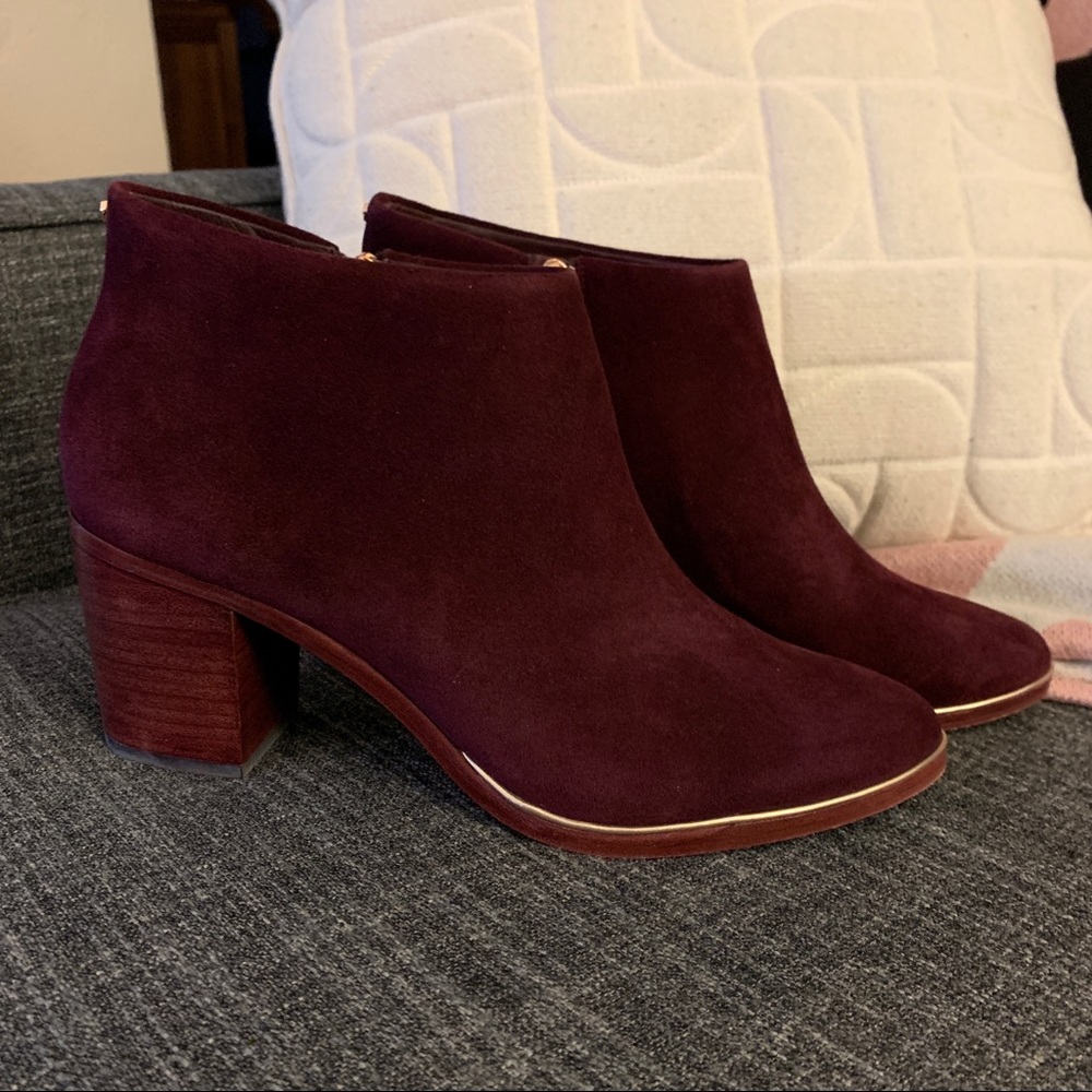 Ted Baker Hiharu 2 Suede Booties in Burgundy with Rose Gold Accents
